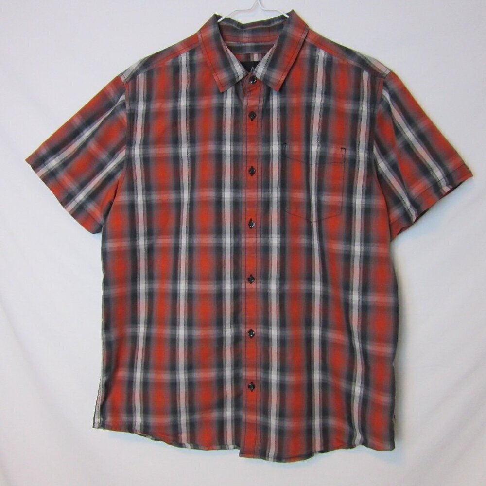 Prana Shirt Organic Cotton Orange Black Plaid Short Sleeve Button Up Mens Medium